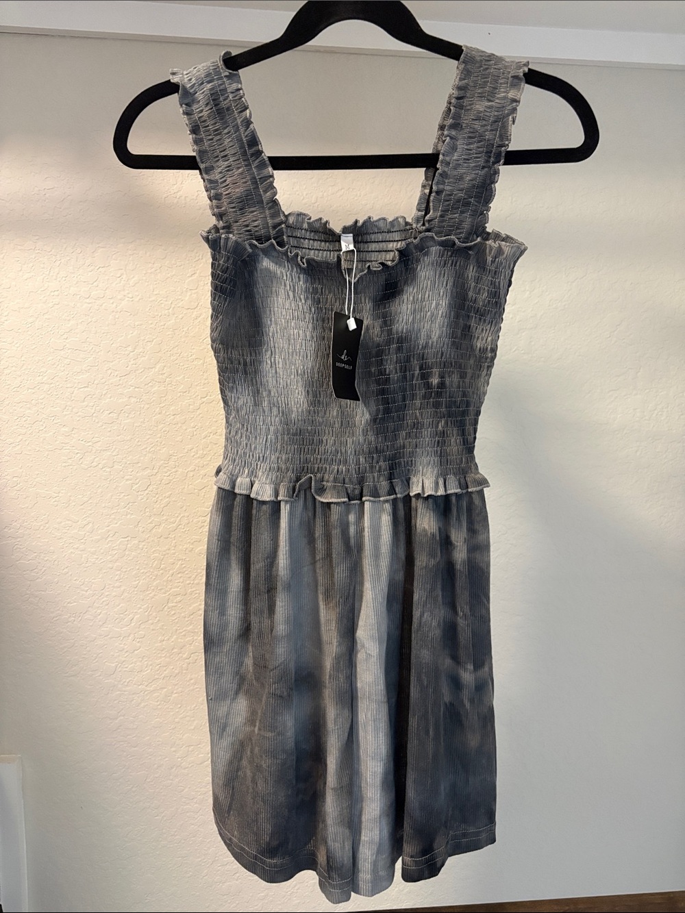 Smocked Square-Neck Tie-Dye Dress in Slate Gray